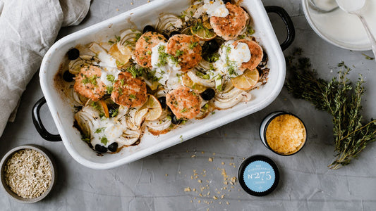 Lachsfrikadellen mit geschmortem Fenchel und Wasabi-Dip