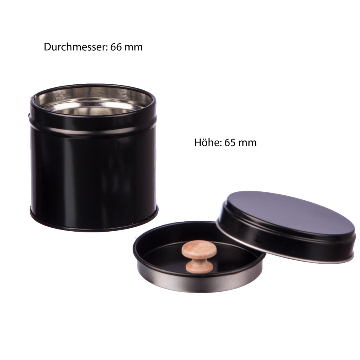Schwarze Gewürzdose mit Aromadeckel und Holzknopf, einzeln abgebildet.