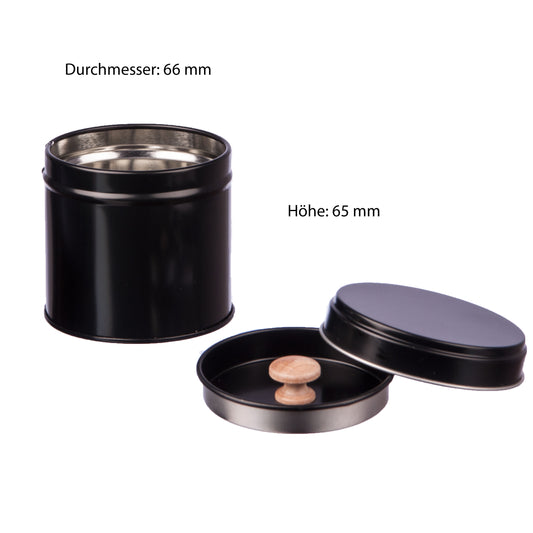 Schwarze Gewürzdose mit Aromadeckel und Holzknopf, einzeln abgebildet.