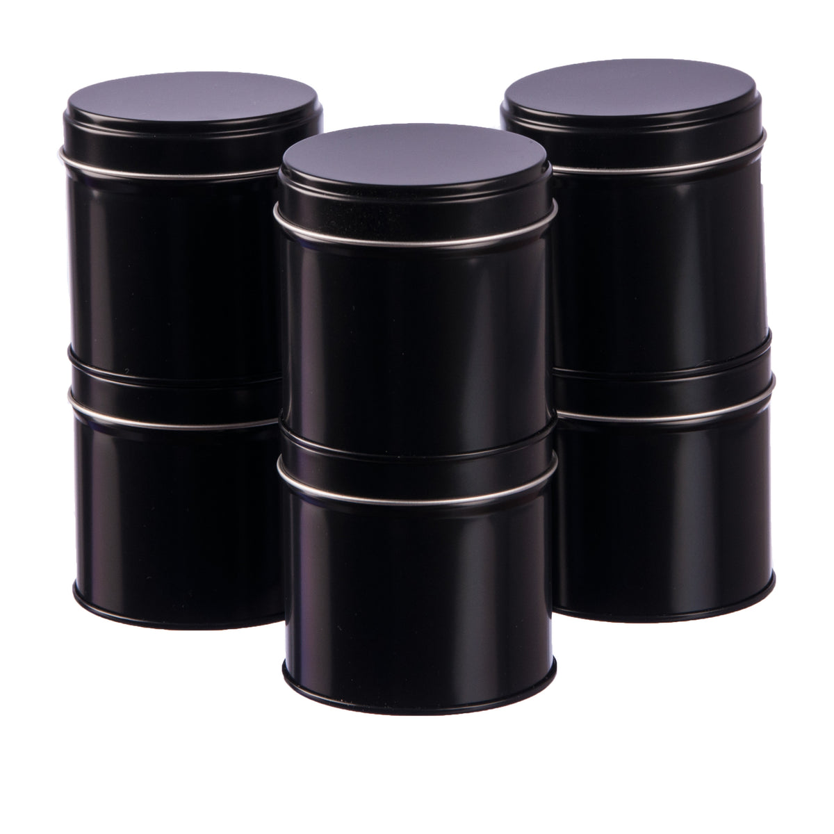 Zwölf schwarze Gewürzdosen mit Aromadeckel und Streueinsatz stehen auf weißem Hintergrund.