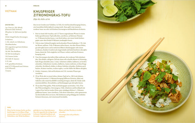 Vegane Bowl mit Tofu, Kräutern und Stäbchen rechts, links Rezeptseite mit Text.