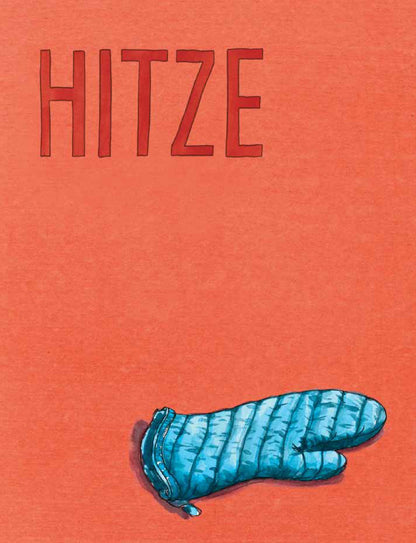 Blauer Ofenhandschuh auf orangem Hintergrund mit Schriftzug HITZE.