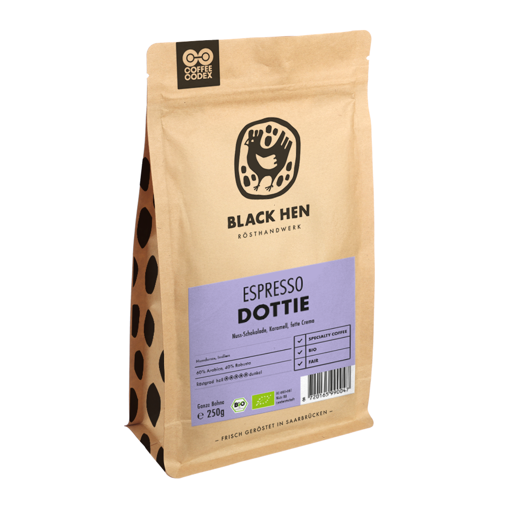 Bio Espresso DOTTIE in brauner Tüte mit lila Etikett und schwarzem Hennenlogo vorne.