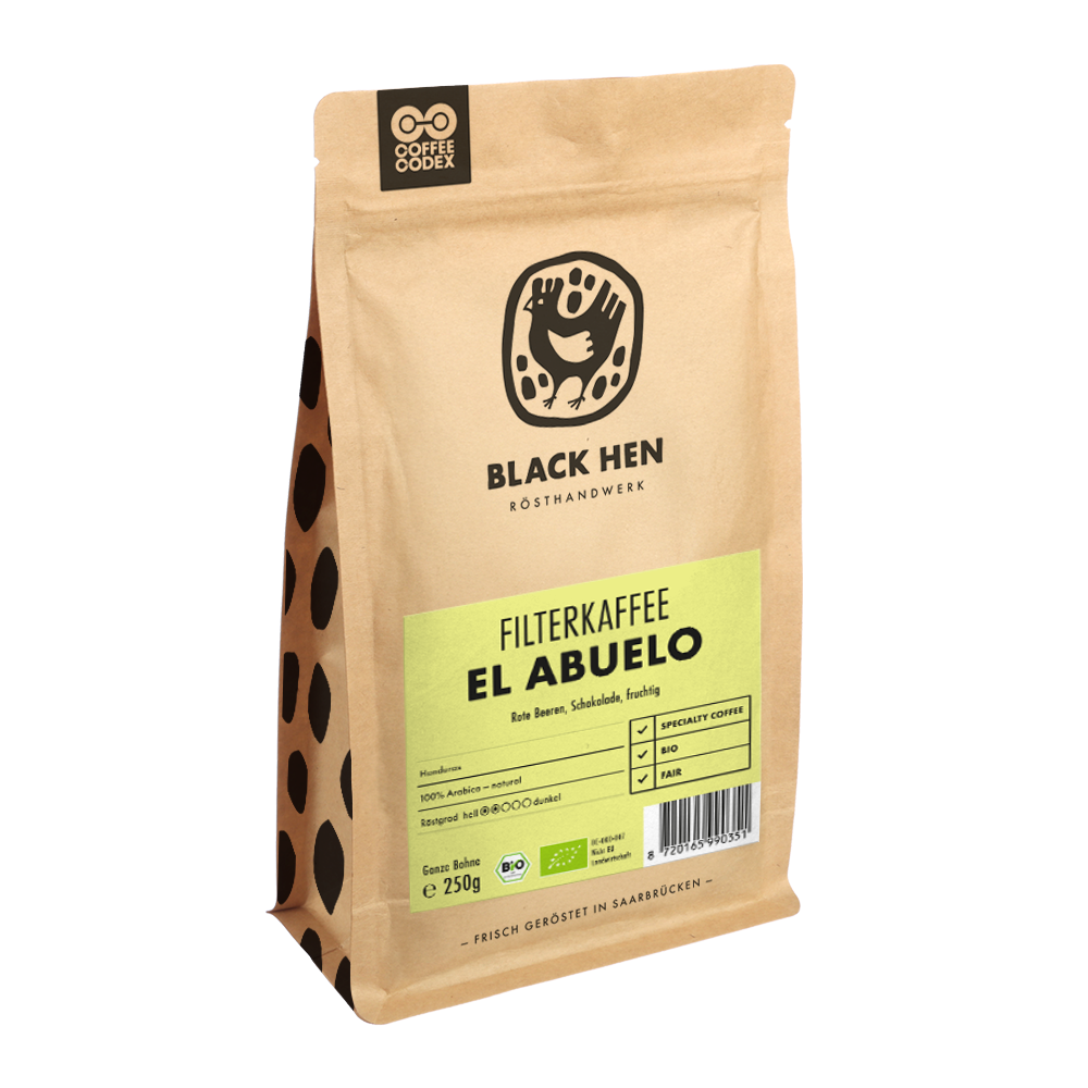 Bio Filterkaffee EL ABUELO in brauner Tüte steht aufrecht.