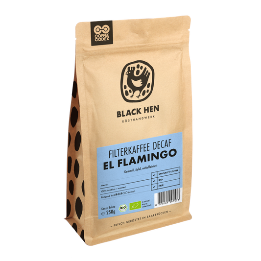 Bio Kaffee entkoffeiniert EL FLAMINGO in brauner Tüte mit blauem Etikett auf der Vorderseite.