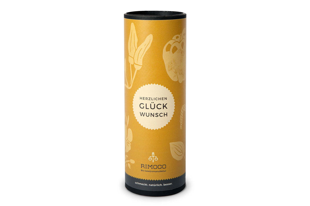Gelbe, zylindrische RIMOOO-Geschenkbox mit der Aufschrift „Herzlichen Glückwunsch“.