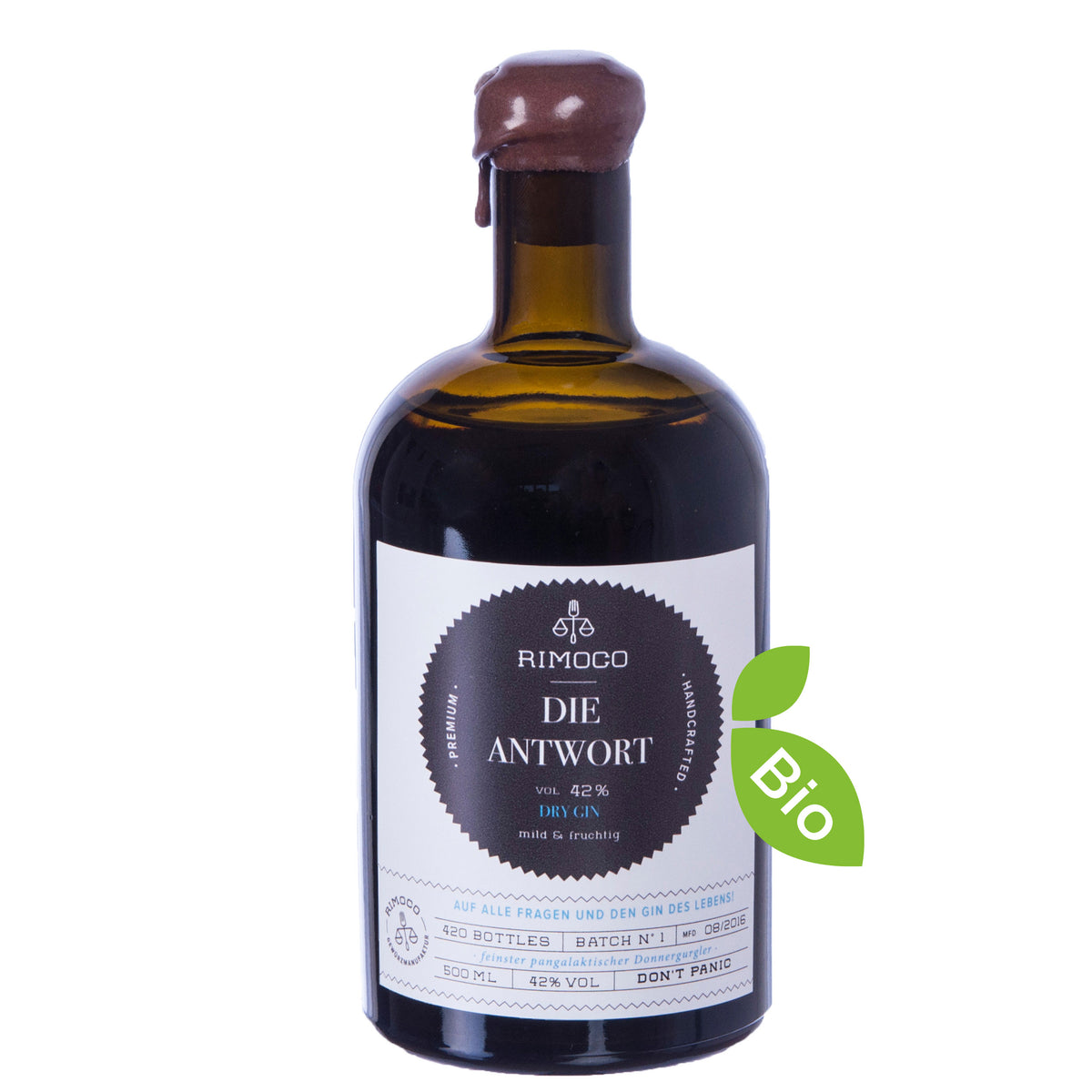 Die Antwort - BIO Gin in brauner Glasflasche mit Wachssiegel und grünem Bio-Blattetikett.