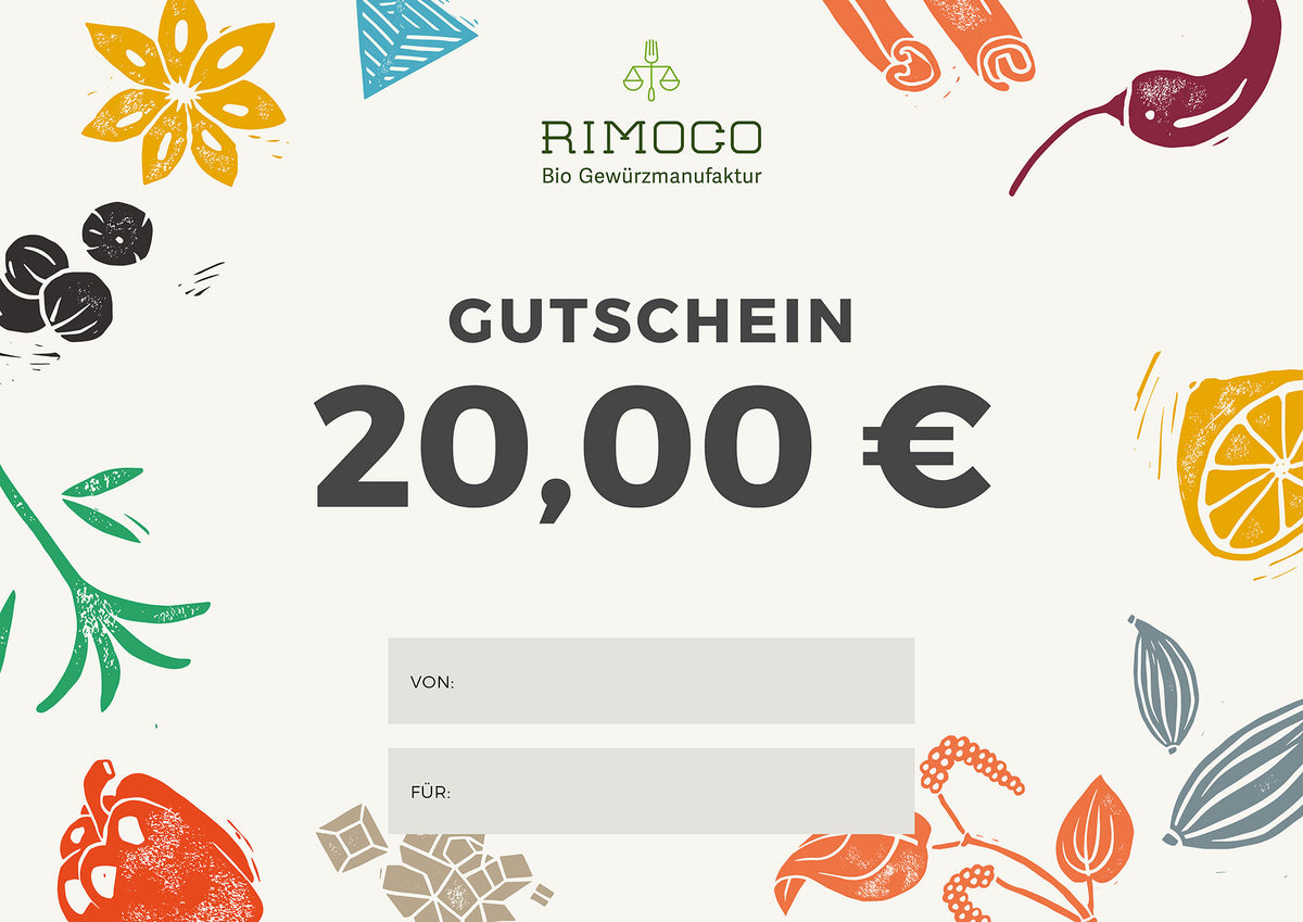 Gutschein über 20 € mit Gewürz-Illustrationen am Rand.