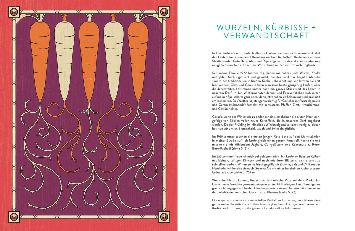 Illustration von drei Karotten mit wirbelnden Wurzeln und deutschem Text über indisch vegetarisch und Verwandtschaft.