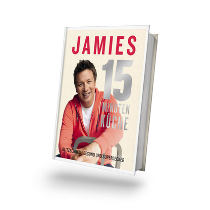 Buchcover von Jamies 15-Minuten-Küche mit Jamie Oliver im roten Hoodie.