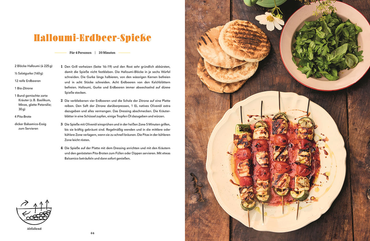 Vier Spieße mit Halloumi, Erdbeeren und Zucchini auf einem Teller.