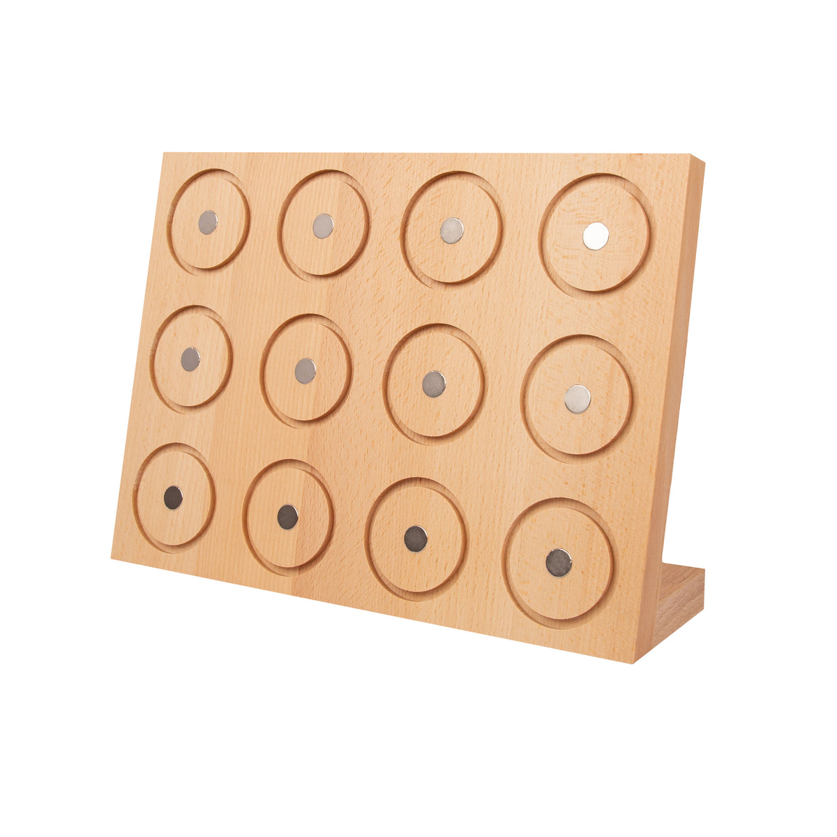 Display mit 12 kleinen Gewürzdosen mit Aromadeckel und 12 Etiketten, Dosen leer und transparent.