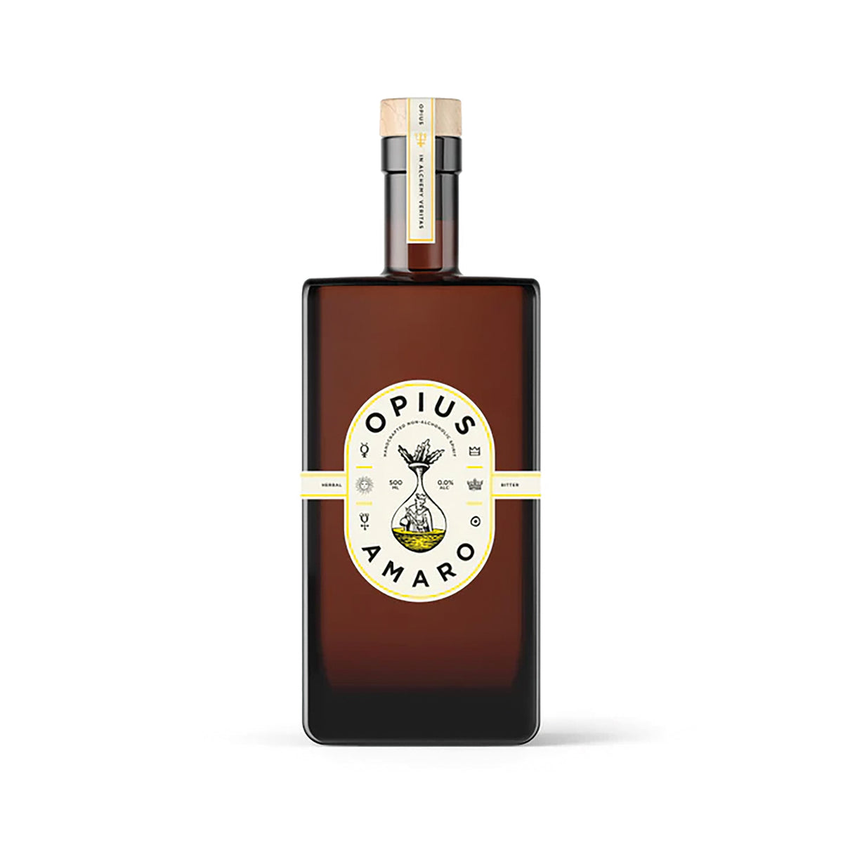Rechteckige Opius Amaro Flasche mit beigem Etikett und Holzverschluss.