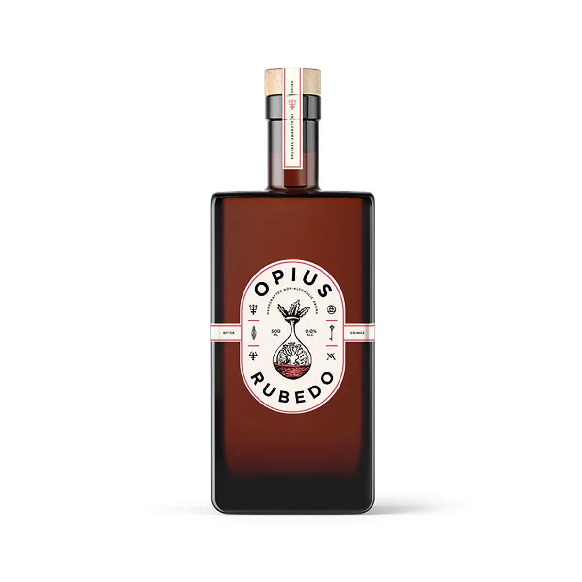 Braune Glasflasche Opius Rubedo, Etikett sichtbar.