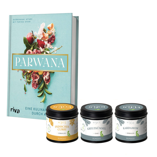 Parwana Geschenkset mit dekorierten Dosen: Indisches Currypulver, gemahlener Kreuzkümmel, Kardamom.