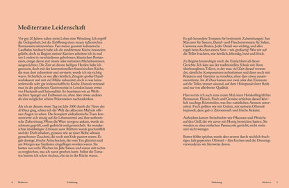 Doppelseite Mediterra mit deutschem Text auf pfirsichfarbenem Hintergrund zu mediterranen Rezepten.