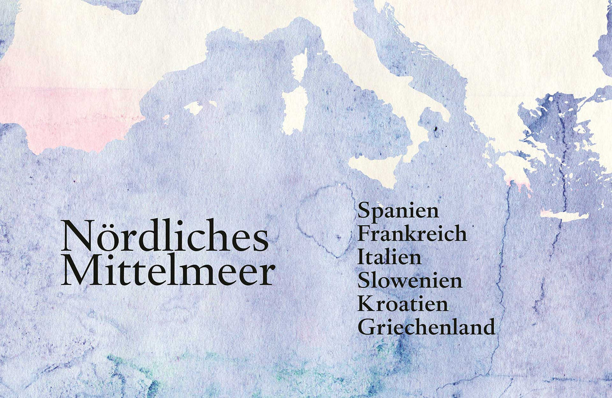 Aquarellkarte des nördlichen Mittelmeers mit angrenzenden Ländern und mediterraner Küche.
