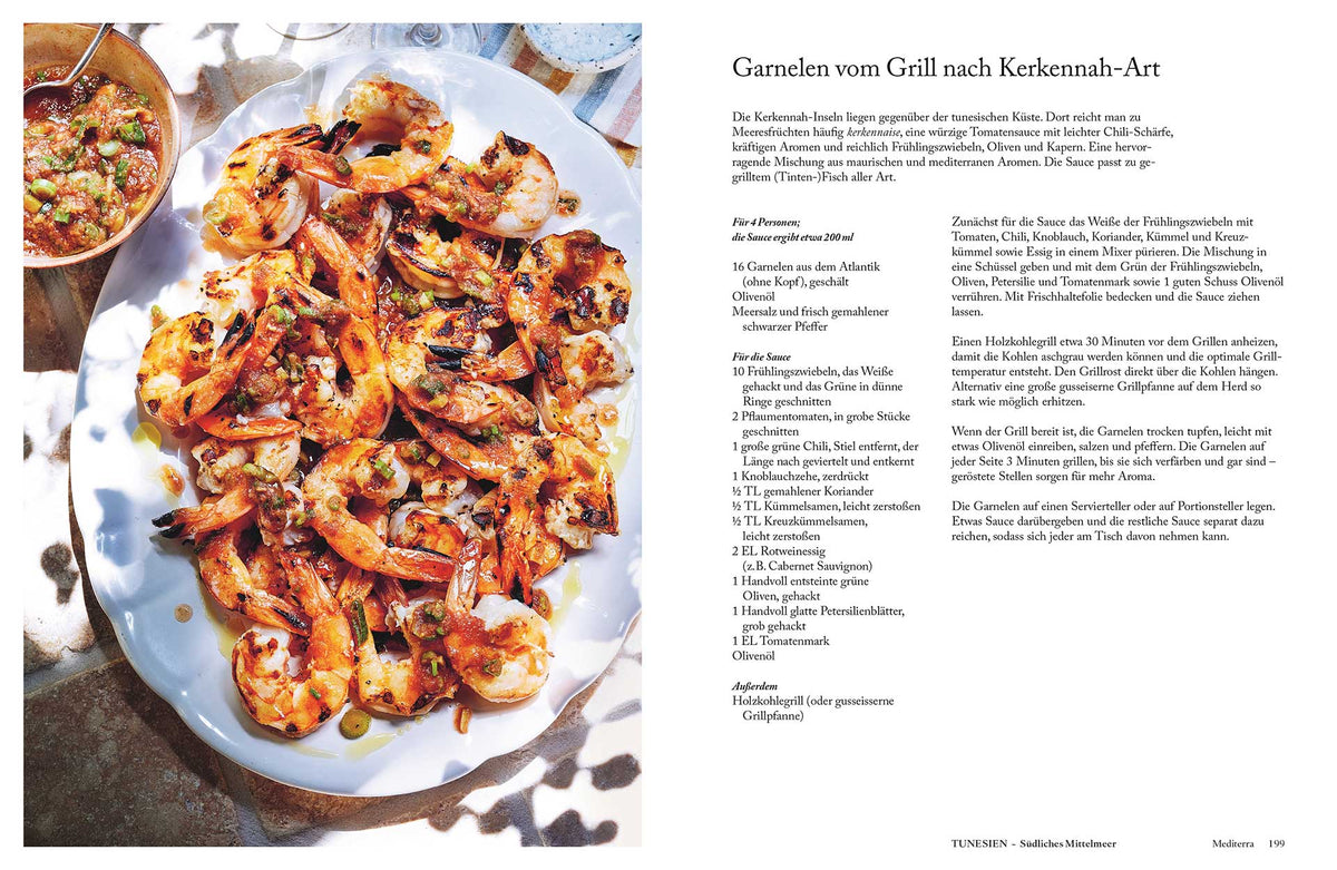 Gegrillte Garnelen mit Kräutern, Zitronenscheiben und Geschenkset Mediterra Chiliflocken in Flockenform.