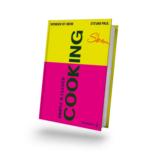 Simple & Clever Kochbuch von Stevan Paul mit gelbem und pinkem Umschlag, Titel gut lesbar.