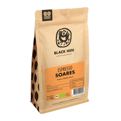 Bio Espresso SOARES in brauner Tüte mit orangem Etikett und schwarzem Hühnerlogo.