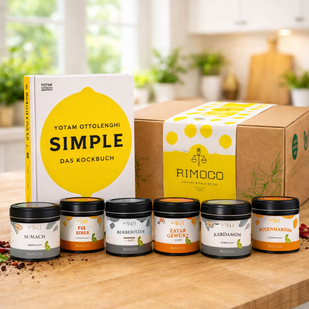 Ottolenghi Kochbuch „Simple“ neben Rimoco Geschenkbox und sechs Gewürzdosen auf Holztisch in heller Küche