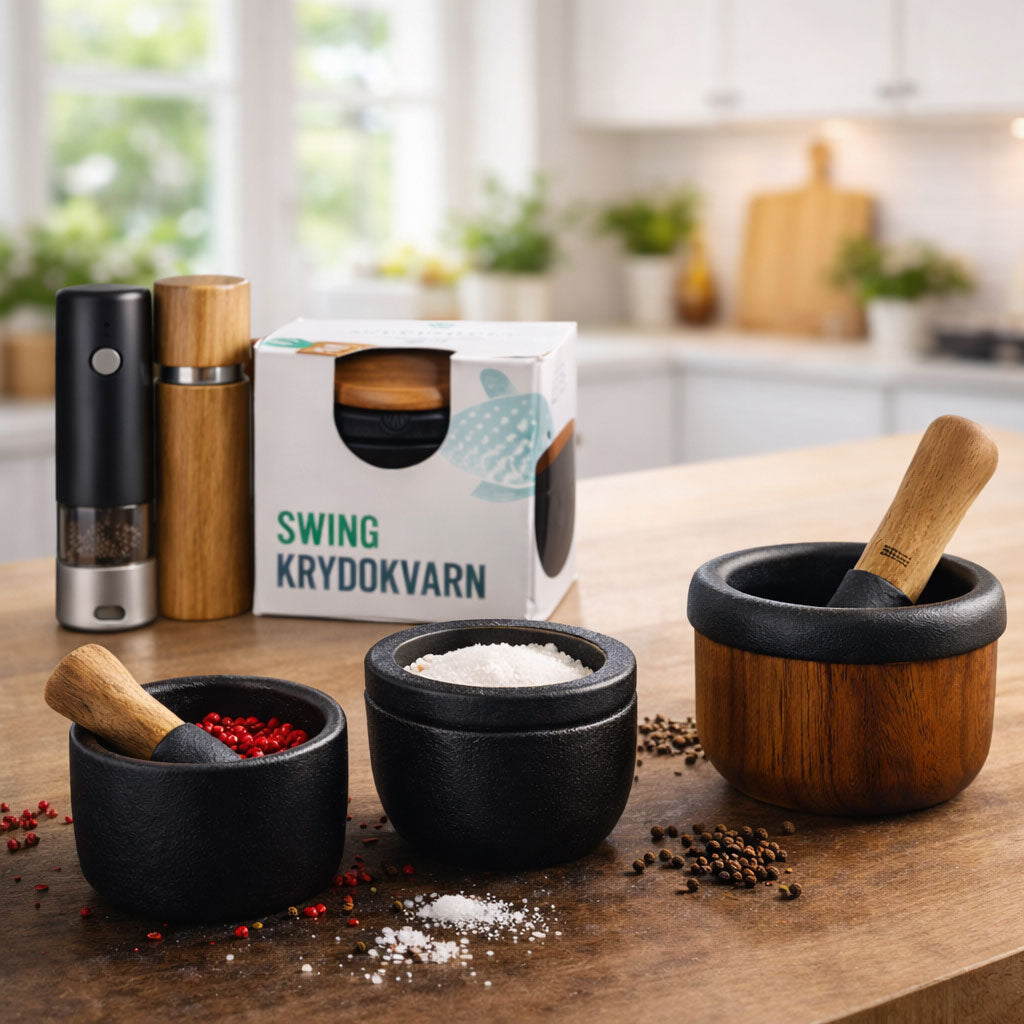 Gewürzmühlen, Mörser und Verpackung auf Holztisch mit Salz, Pfefferkörnern