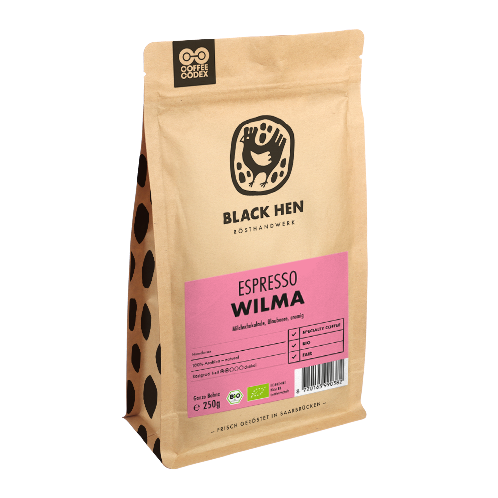 Braune Tüte Bio Espresso WILMA Kaffee, vorne ein pinkes Etikett sichtbar.