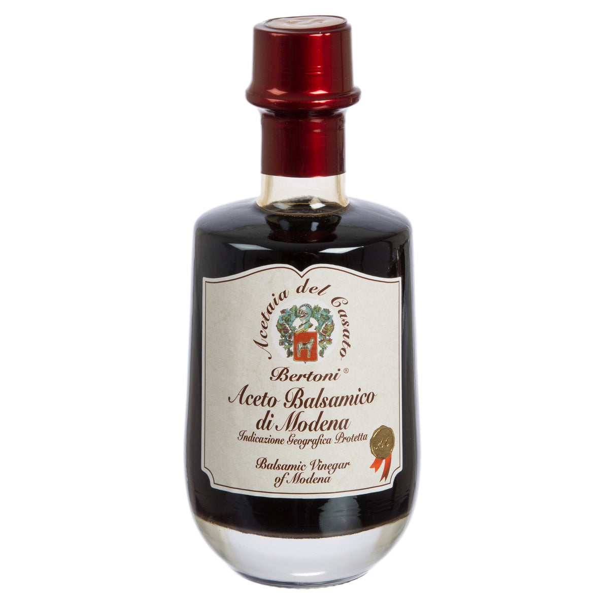 Bertoni Aceto Balsamico di Modena, 8 Jahre gereift, Flasche mit rotem Deckel und rotem Etikett.