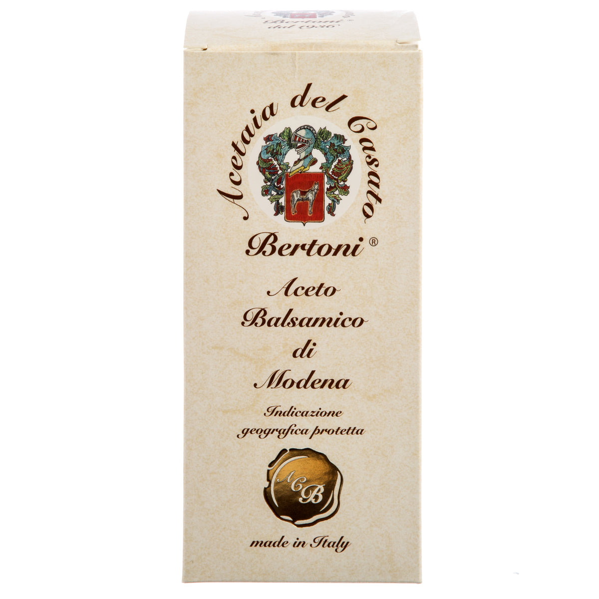 Beige Schachtel mit Bertoni Aceto Balsamico di Modena, 8 Jahre gereift, Herkunft Italien.