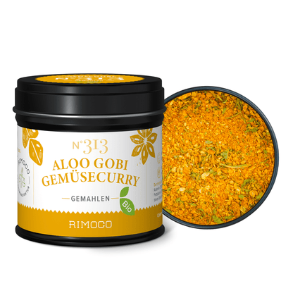 Bio Aloo Gobi Gemüsecurry, geöffnete Dose mit auffallendem gelben Etikett.