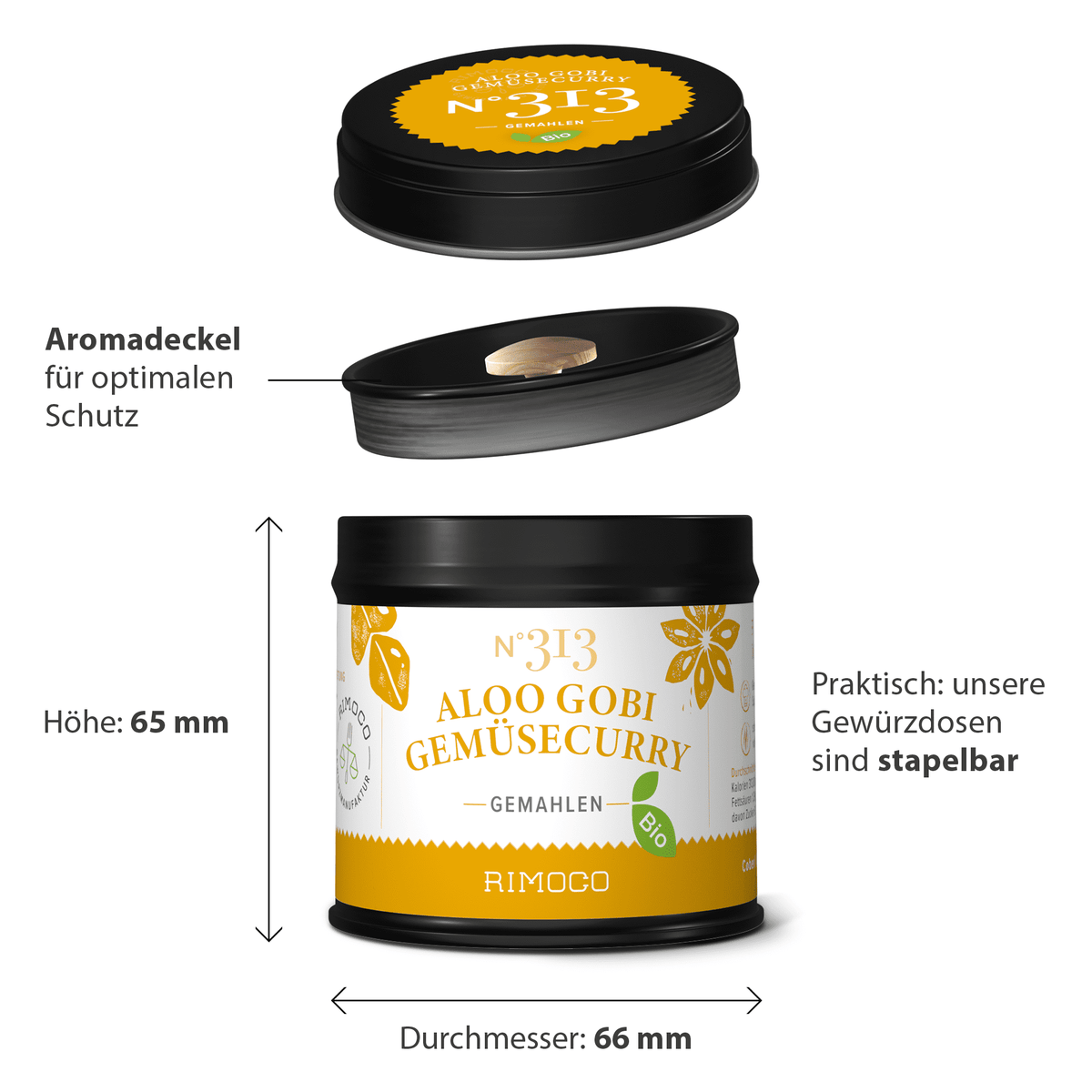 Bio Aloo Gobi Gemüsecurry Dose in Schwarz-Gelb mit gut sichtbaren Details am Deckel.