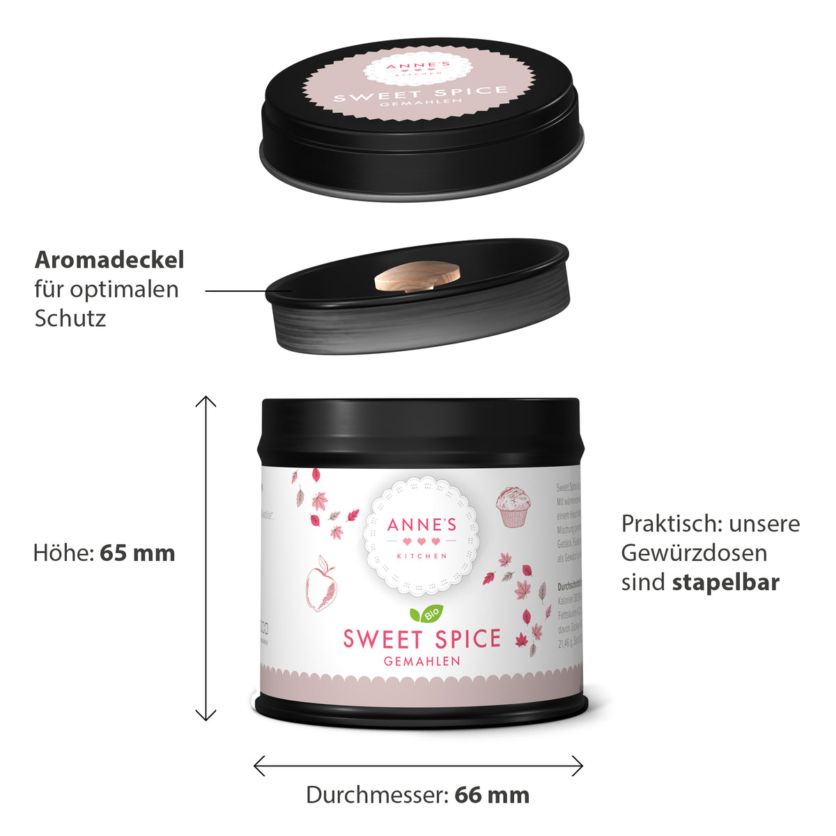 Annes Sweet Spice Dose mit schwarzem Deckel für Ceylon-Zimt und winterliches Gebäck.