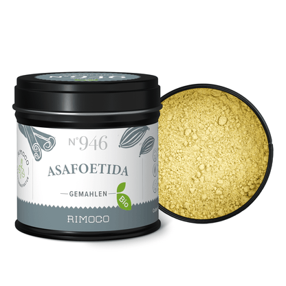 Bio Asafoetida, Dose offen, zeigt gelbes gemahlenes Teufelsdreck-Gewürz.