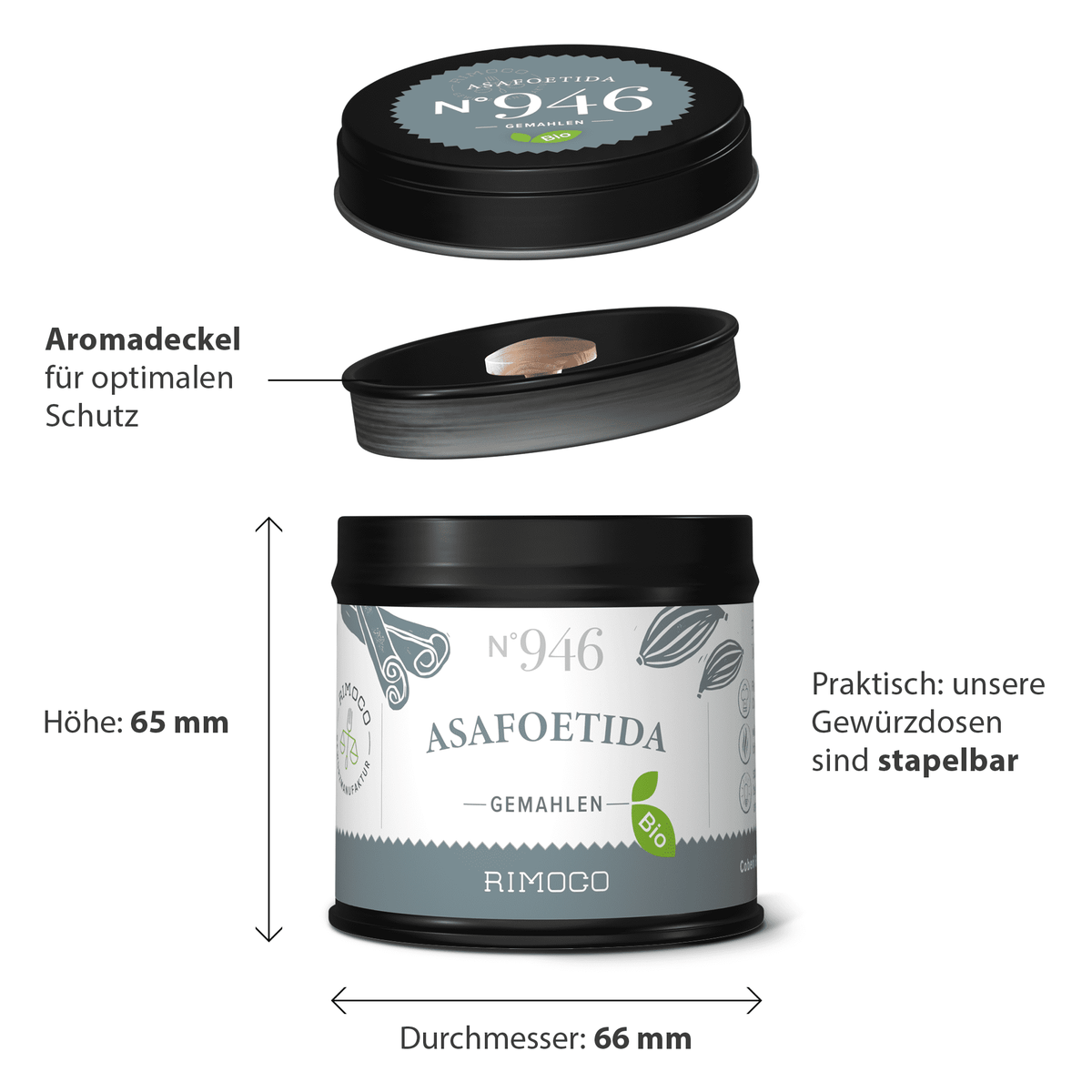 Dose mit schwarzem Deckel, Bio Asafoetida, N°946, Stapel- und Größenangaben auf Deutsch sichtbar.