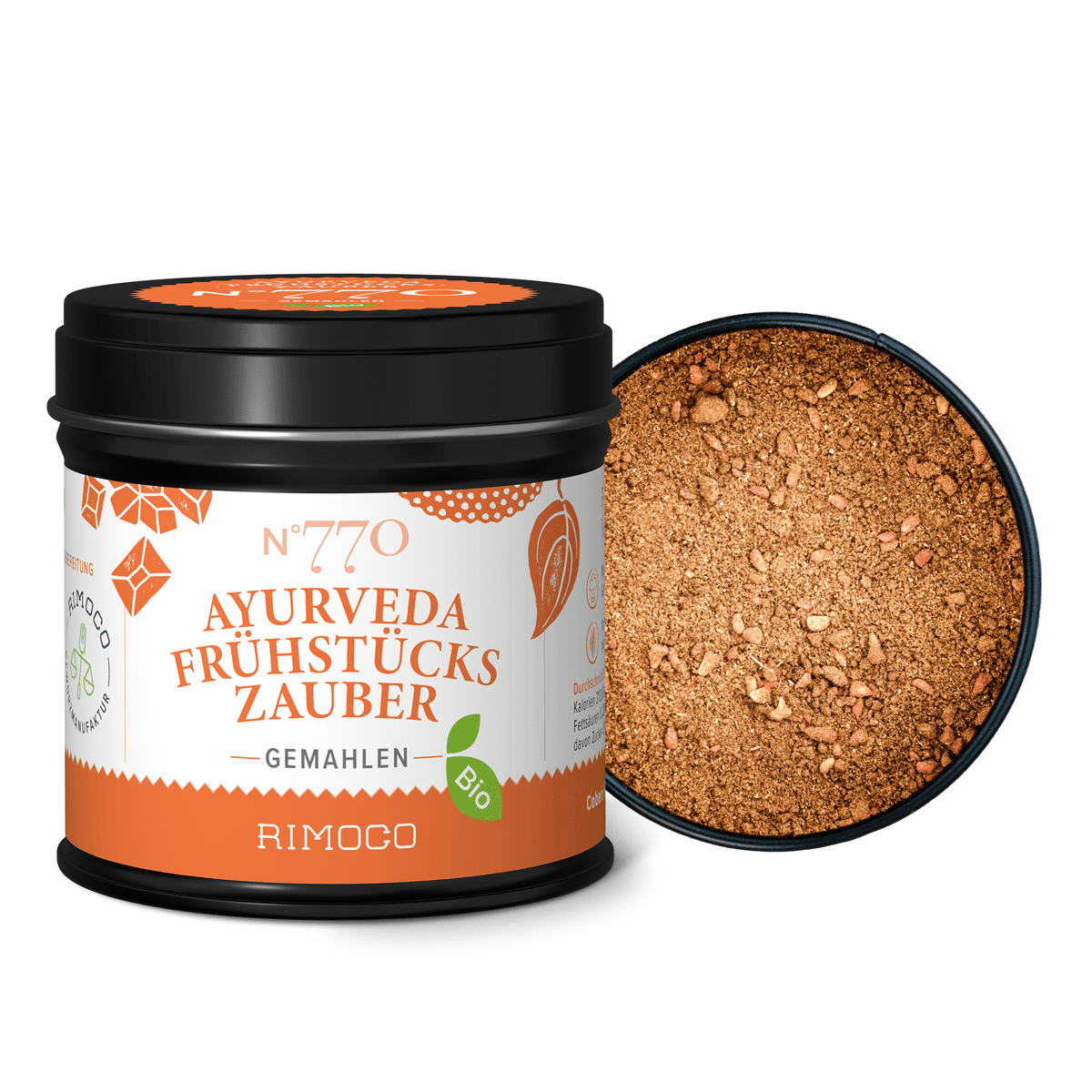 Bio Ayurveda Frühstückszauber Glas, Deckel abgenommen und dessen Inhalt sichtbar.