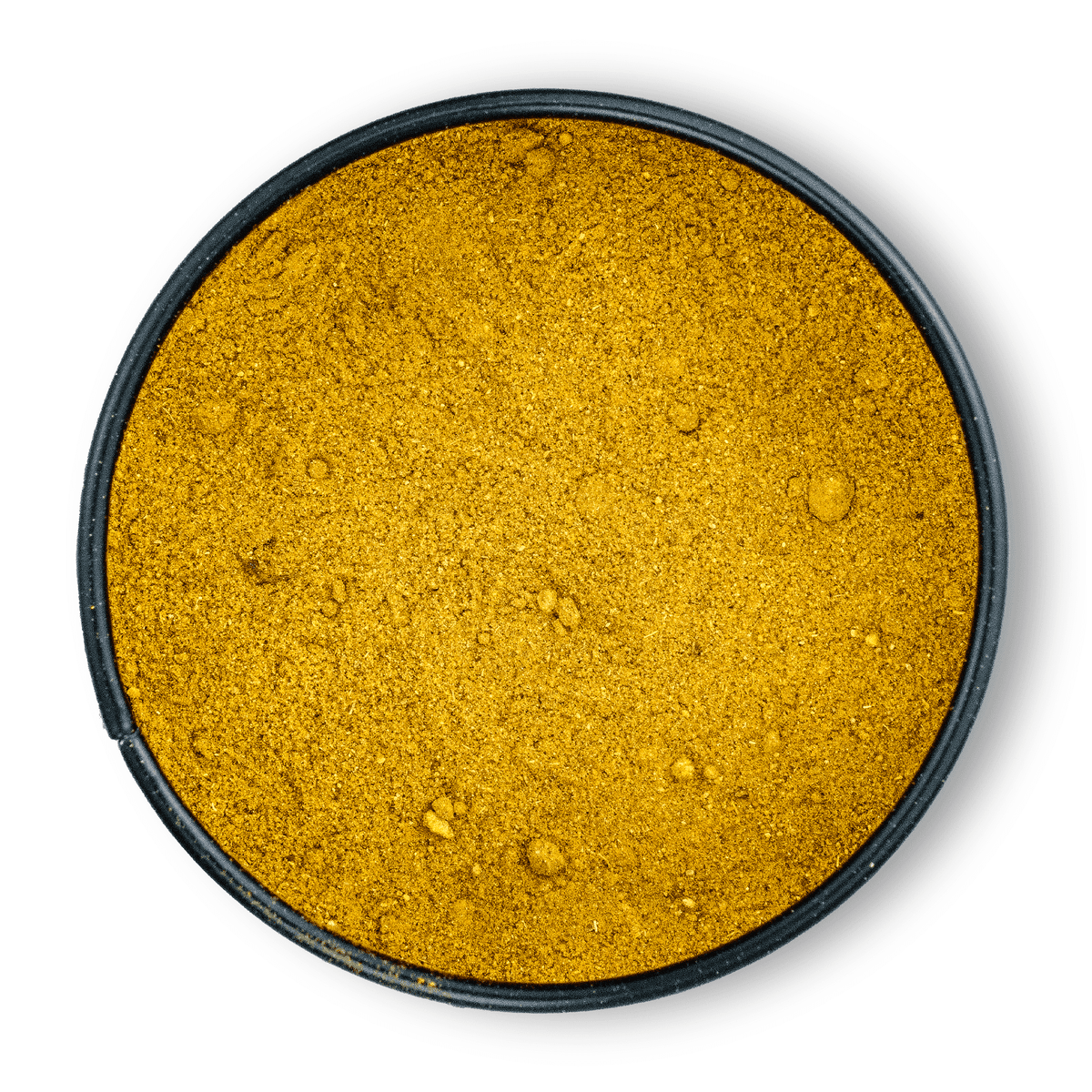 Rundes schwarzes Gefäß mit Bio Ayurveda Goldene Milch Pulver von oben gesehen.