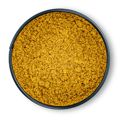 Bio Ayurveda Happy Gemüse Pulver, goldgelb, in runder schwarzer Dose, Aufsicht.