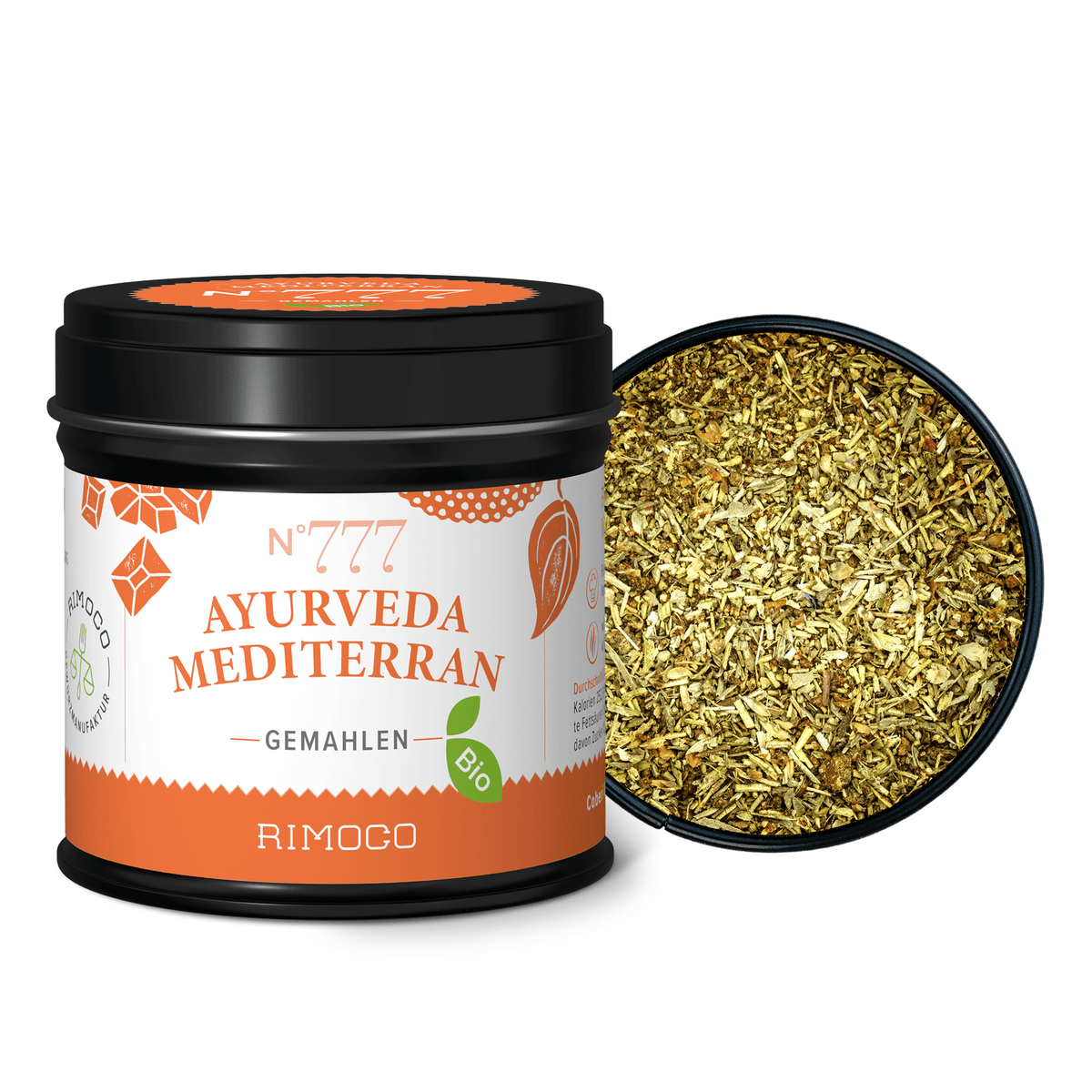 Bio Ayurveda Mediterran, teilweise geöffnete Dose mit sichtbarem Inhalt.