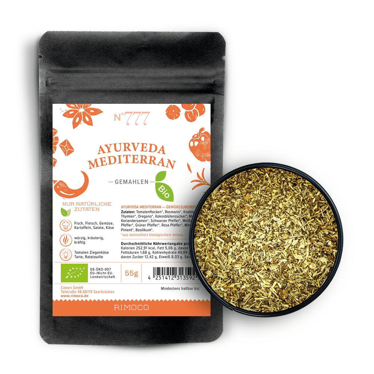 Bio Ayurveda Mediterran: offene Packung und Schale mit sichtbaren Kräutern.