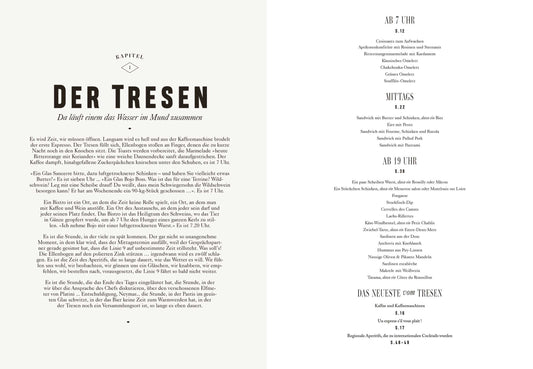 Zwei Seiten einer deutschen Speisekarte von Bistro, Bistro! mit schwarzem Text auf weißem Hintergrund.