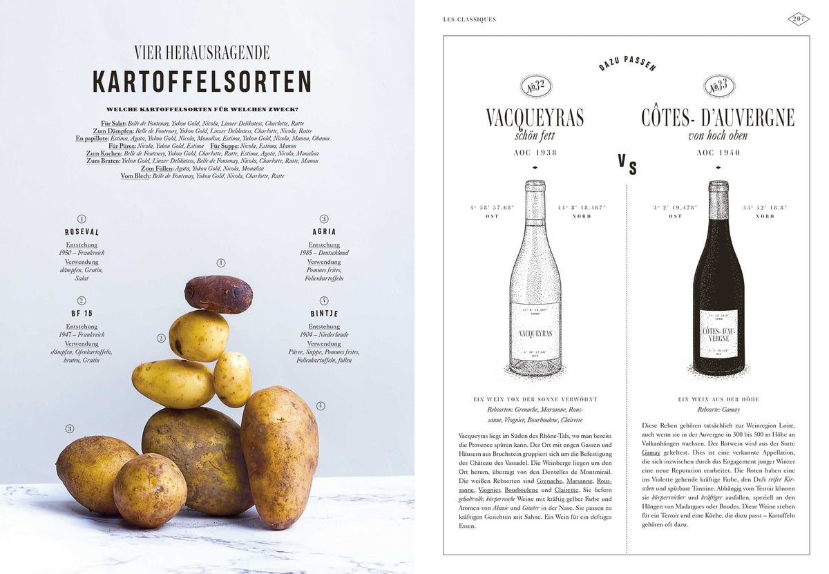 Ein Stapel Kartoffeln neben Weinflaschen mit französischem Text auf den Etiketten.