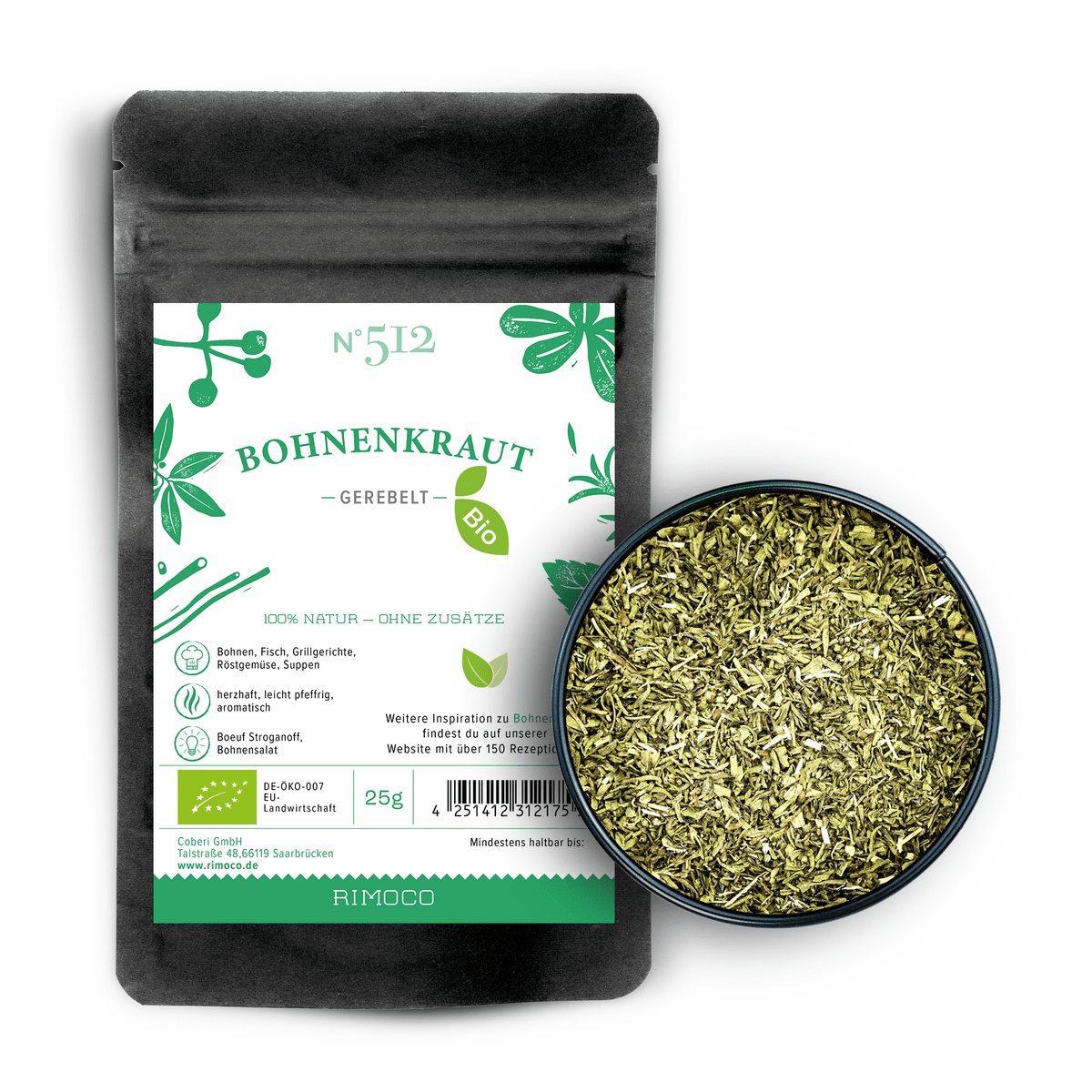 Bio Bohnenkraut gerebelt neben einer kleinen Schale mit getrocknetem, gerebeltem Bohnenkraut.
