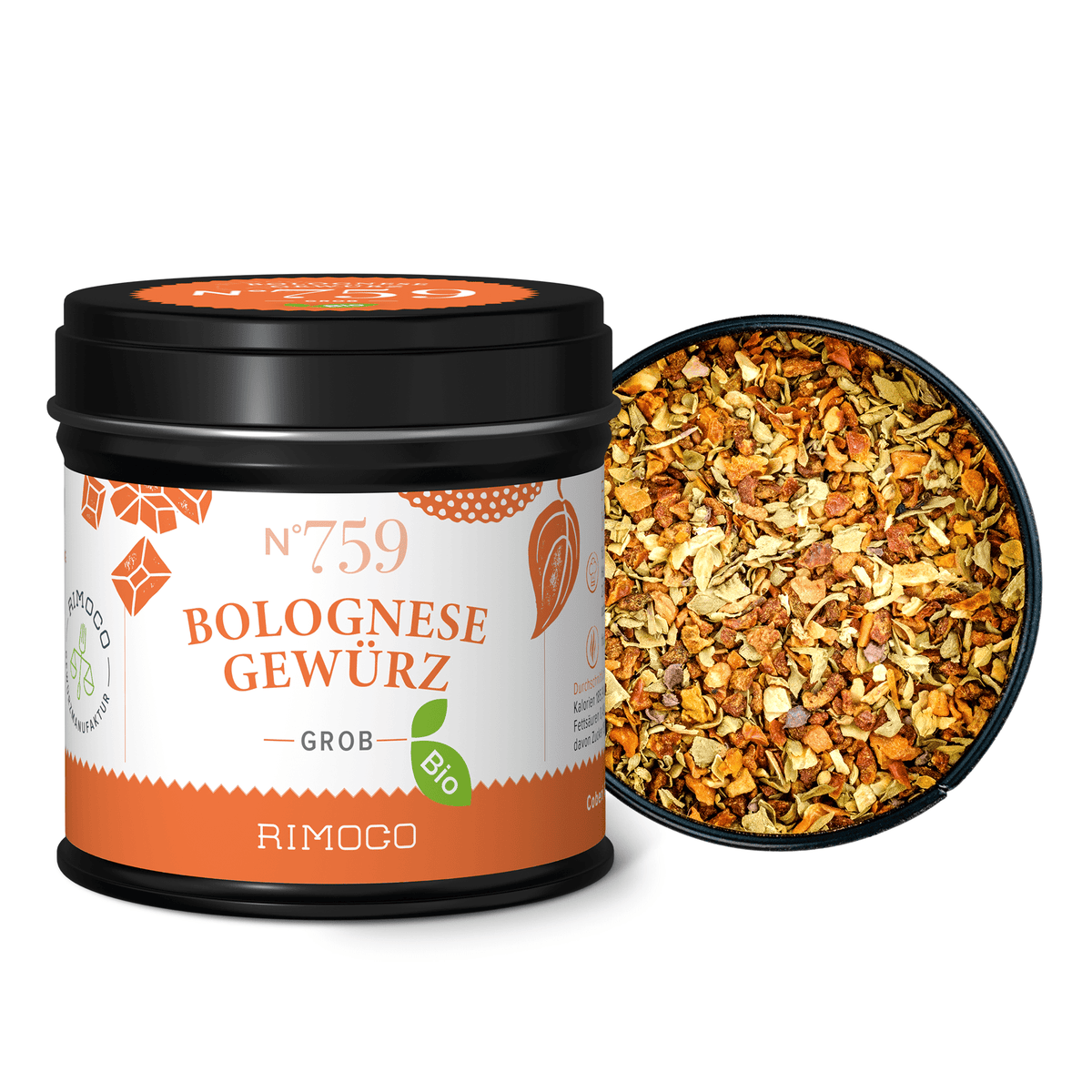 Bio Bolognese Gewürz Dose mit sichtbarem offenen Deckel.