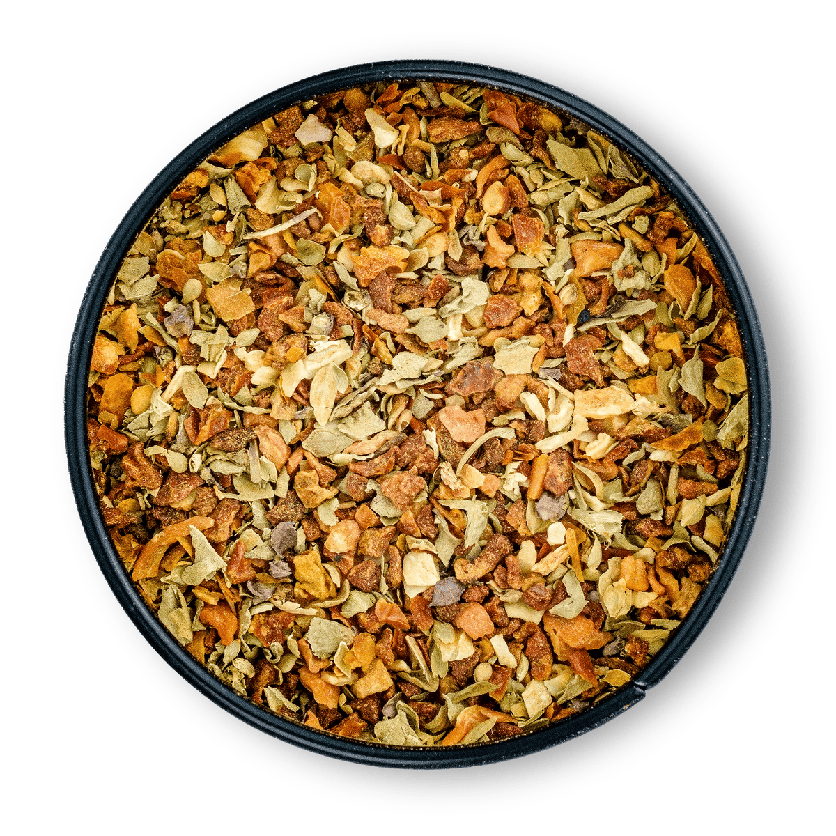 Runde Dose Bio Bolognese Gewürz, bunte Kräuter- und Gewürzmischung von oben gesehen.