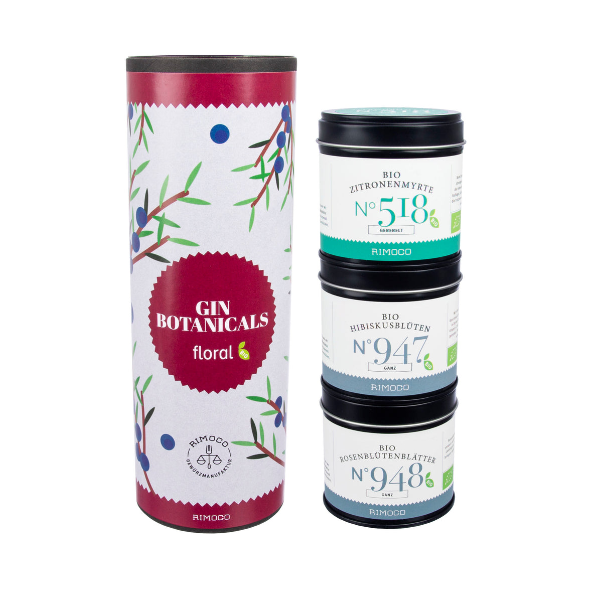 Bunter Zylinder mit Gin-Geschenkset, drei Dosen und sichtbarer Bio-Zitronenmyrte.