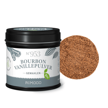 Dose Bio Bourbon Vanillepulver N°953, daneben eine Nahaufnahme des Pulvers.