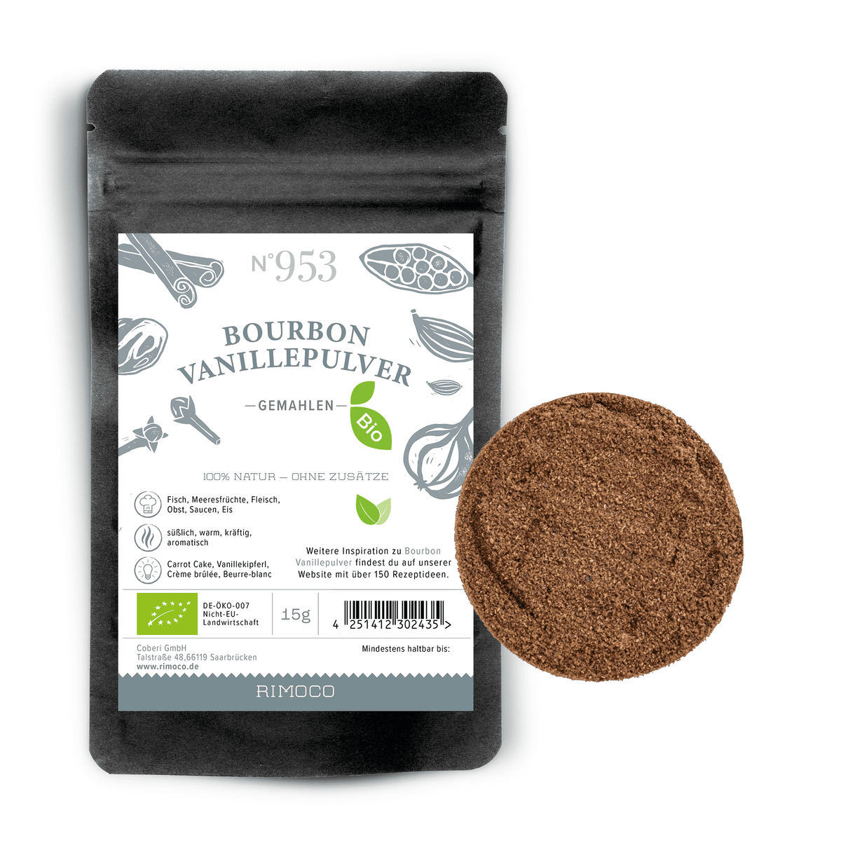 Bio Bourbon Vanillepulver in einer Tüte, daneben ein Häufchen gemahlene Bio-Vanille.