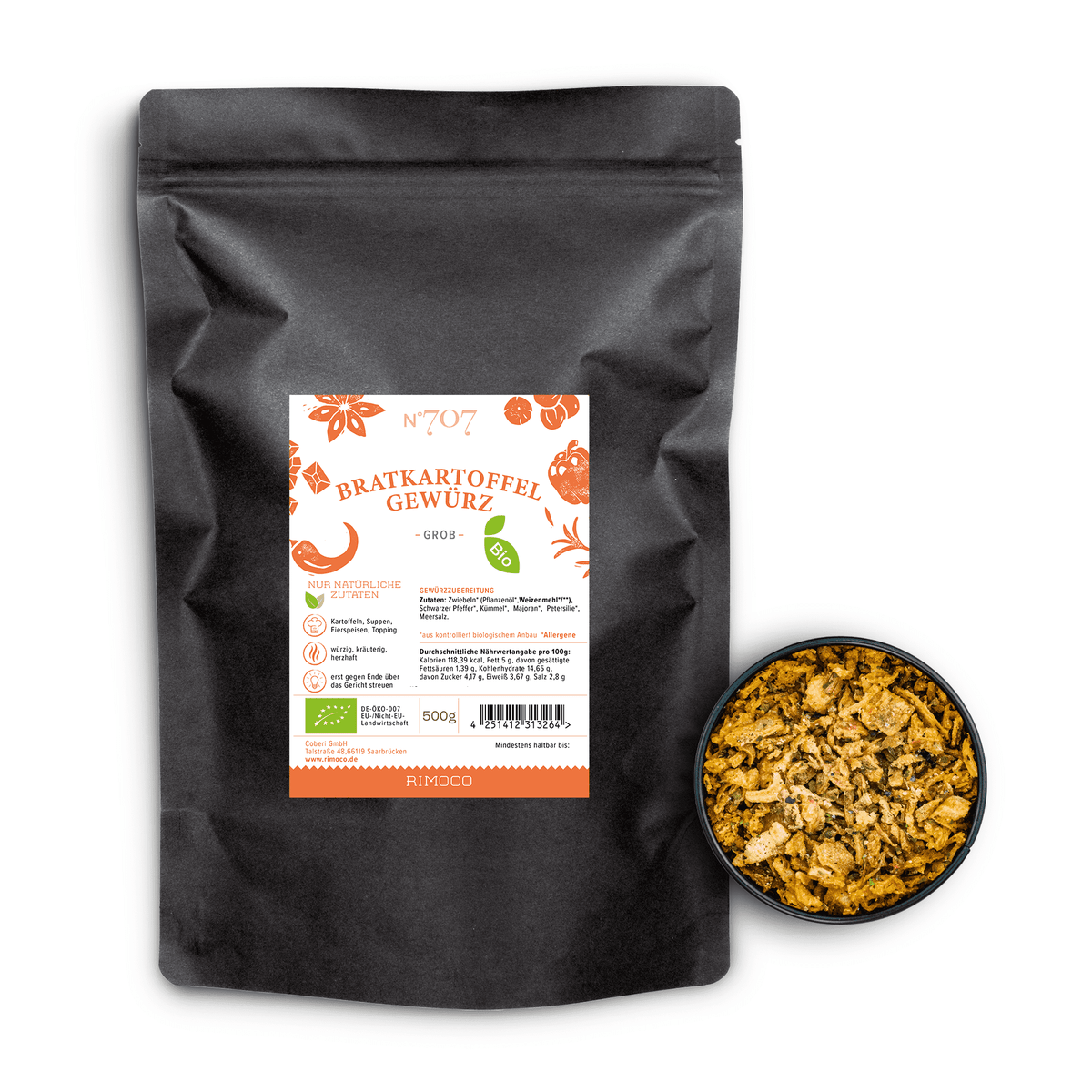 Bio Bratkartoffel Gewürz Beutel neben einer Schale mit grobem Gewürz für gebratene Kartoffeln.