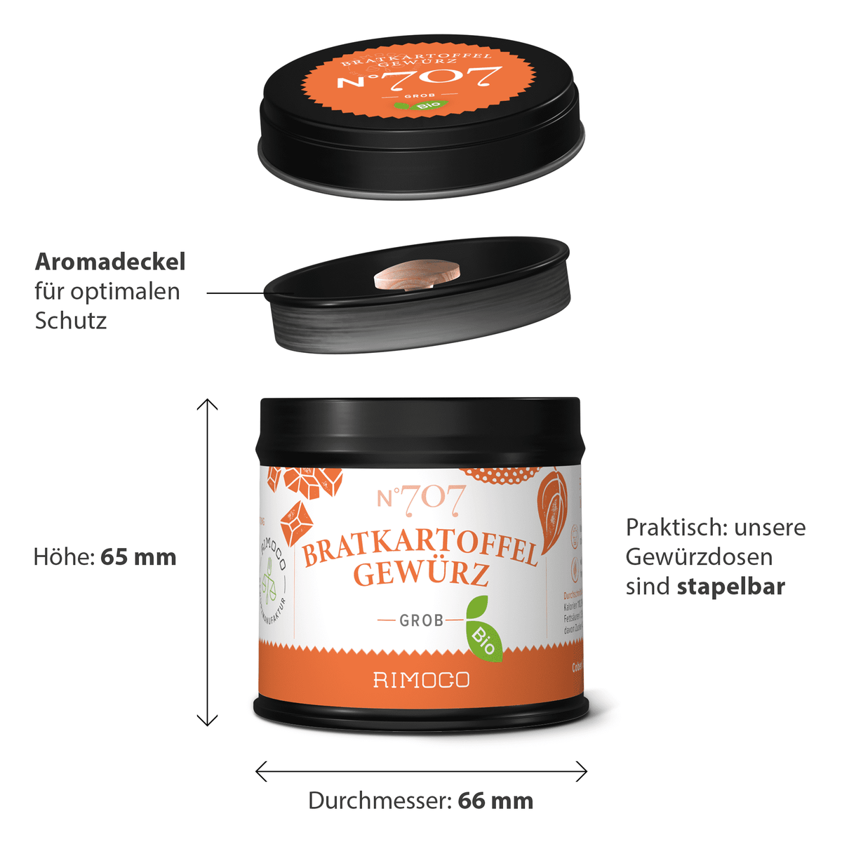 Schwarze stapelbare Dose mit orangem Etikett für Bio Bratkartoffel Gewürz, Größenangaben sichtbar.