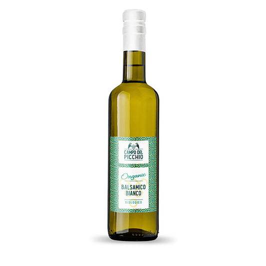 Bio Balsamico Condimento Bianco di Modena Weißer Essig, Flasche mit grün-weißem Etikett.